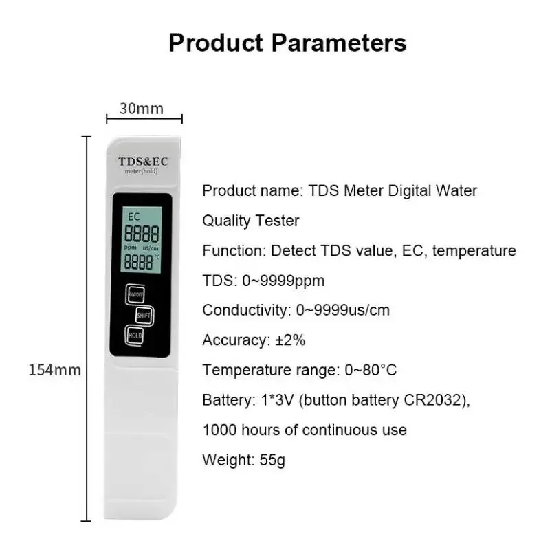 جهاز اختبار جودة المياه الرقمي TDS EC متر المدى 0-9990 متعدد الوظائف نقاء المياه مقياس الحرارة درجة الحرارة جزء في المليون تستر