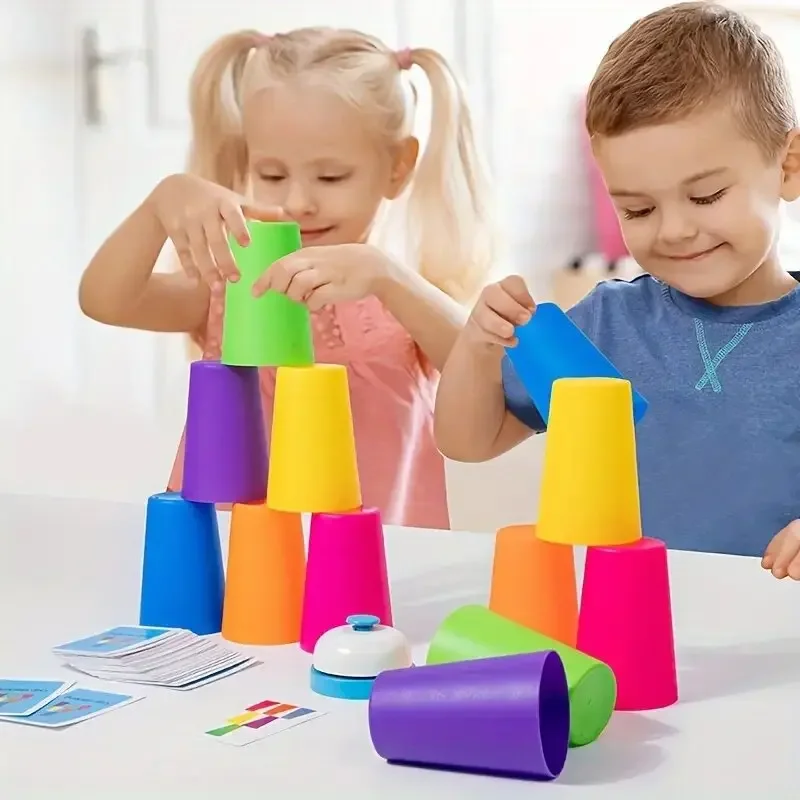 Cups Stacking Tower Game Set for Kids Educational Logic Training Interactive Color Cognition Toy Strategy Games for Party Fun