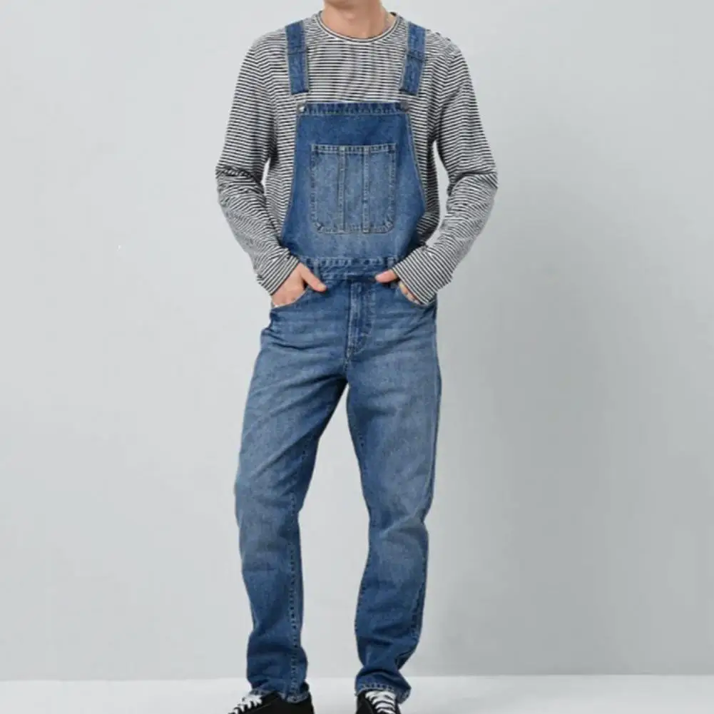 

Stylish Men Overalls Soft Breathable Denim Jumpsuit with Suspender Long Pants for Men Non-fading Solid Color Multi-pocket Bib