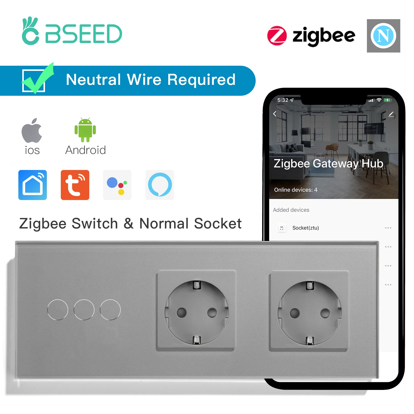BSEED Zigbee 1/2/3Gang Touch Smart Switches 1/2/3Way Tuya Smart Life App-Steuerung mit EU-Wandsteckdosen, graue Serie 7