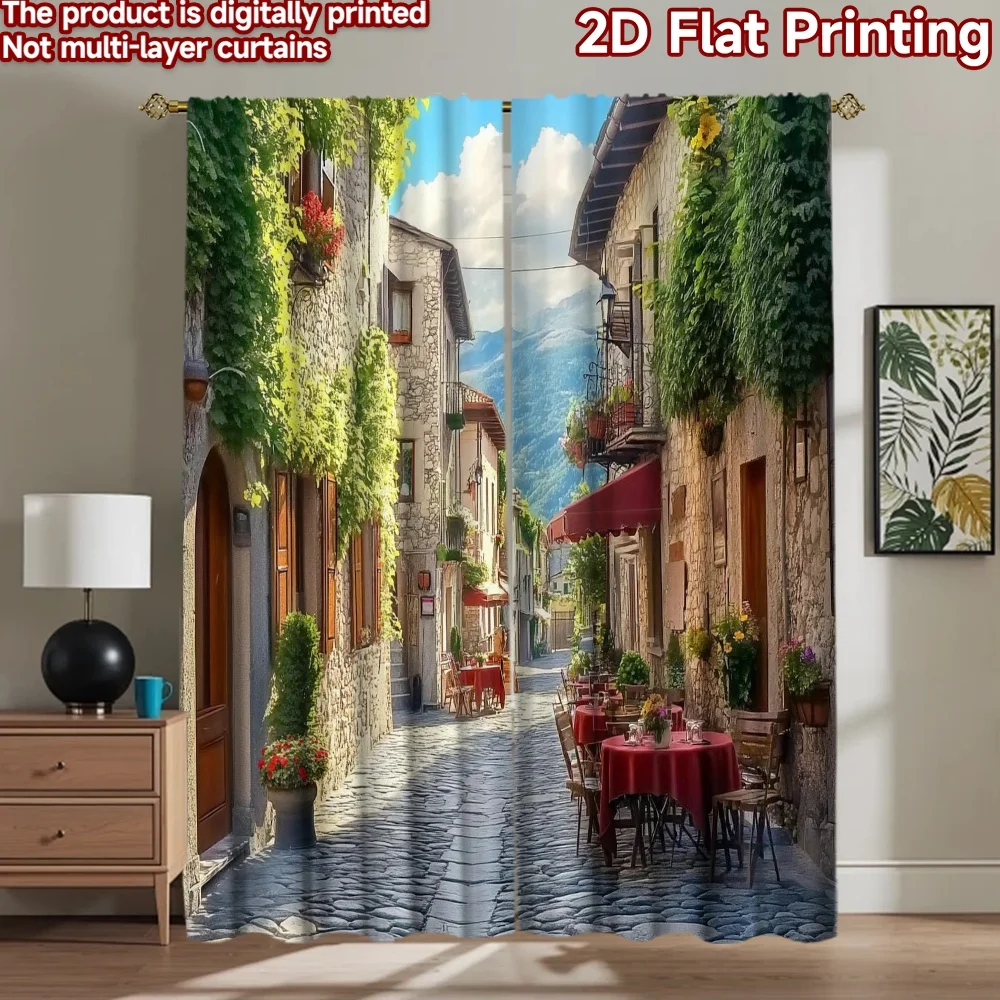 2D flat 2pcs Curtain Retro Country Style Mountain Village Cafe Street Durable polyester fiber Festive Holiday Perfect for