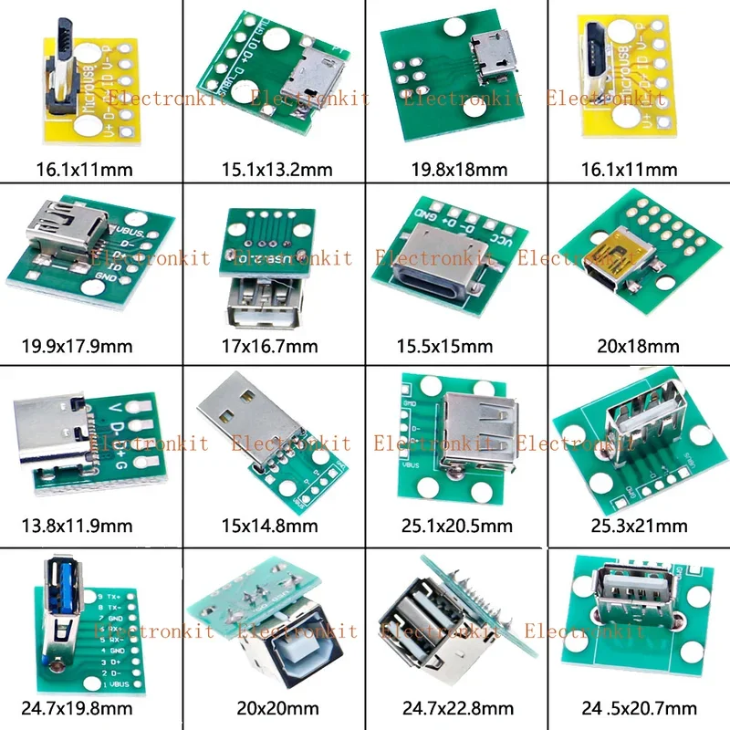 16 in 1 USB to dip pin adapter board Micro USB male and female head 2.0 3.0 Type-C converter adress kit