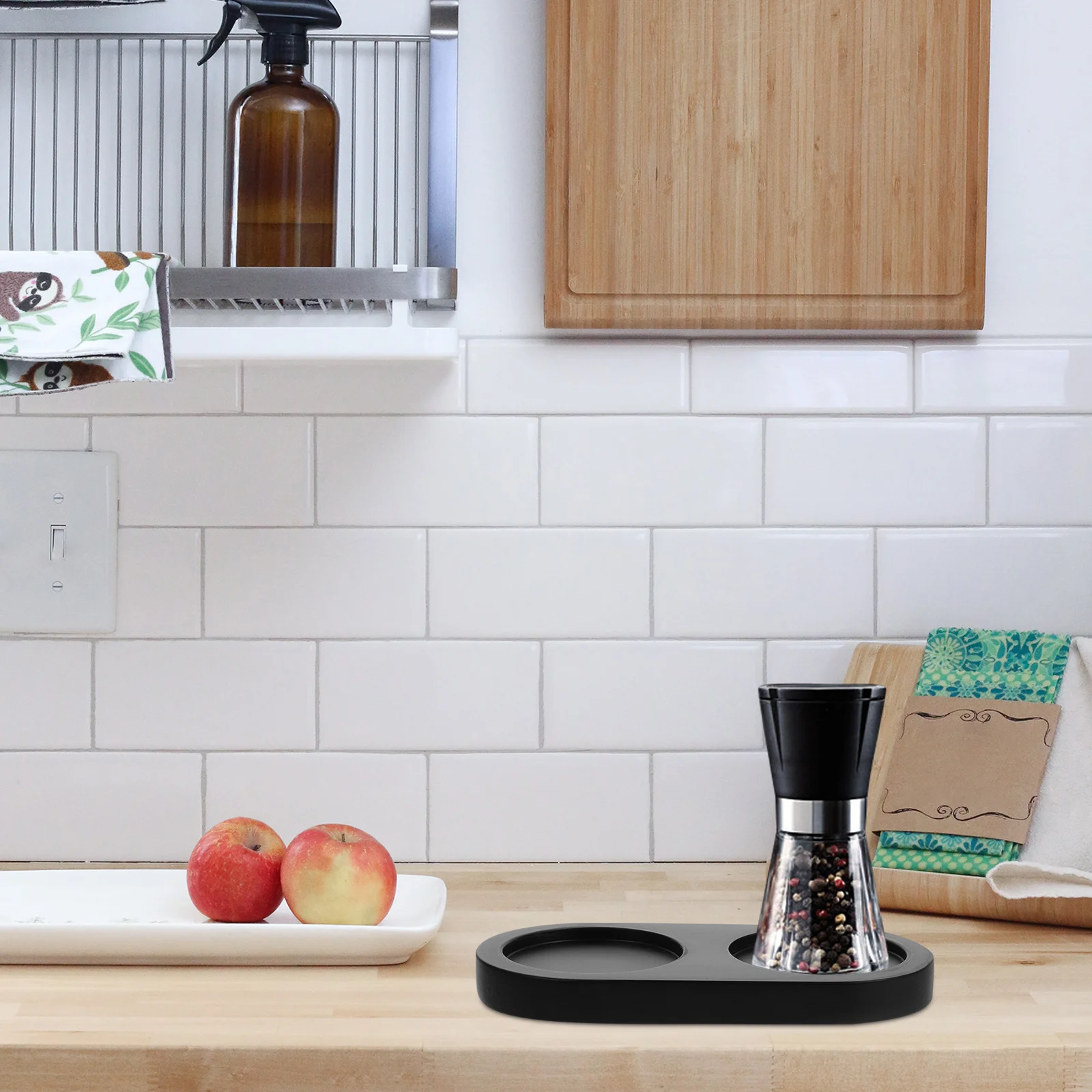 

Wood Tray for Salt and Pepper Storage Holder Kitchen Counter Condiment Organizer Spice Mill Stand Home Cooking Accessory