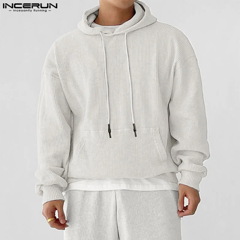 INCERUN Tops 2024 Fashion Men Hoodies Loose Striped Hoodies Autumn Winter Male Hot Sale Drawstring Long Sleeved Sweatshirt S-5XL