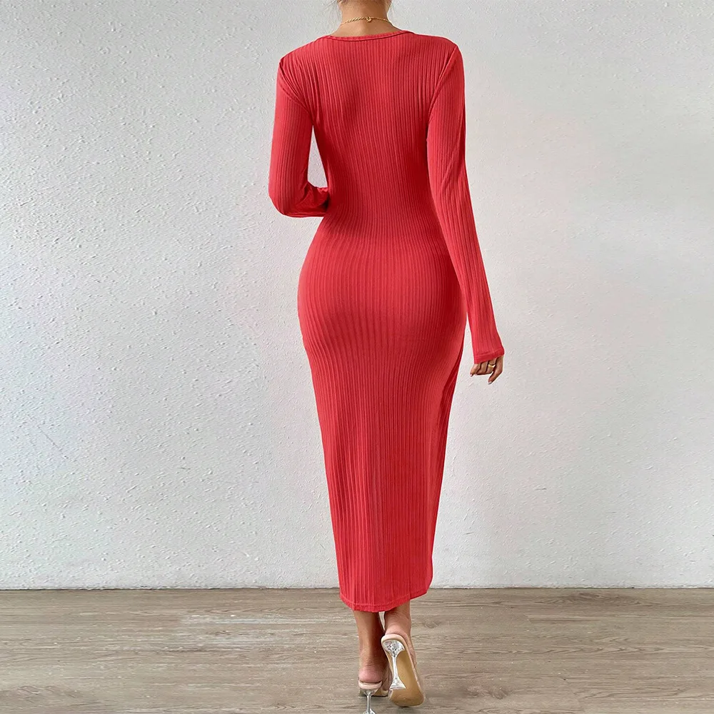 A Leisure and Elegant Korean Spring Autumn Red Square Neck Slim Fit Sexy Casual Fishtail Wrap Hip Long Sleeve Dress