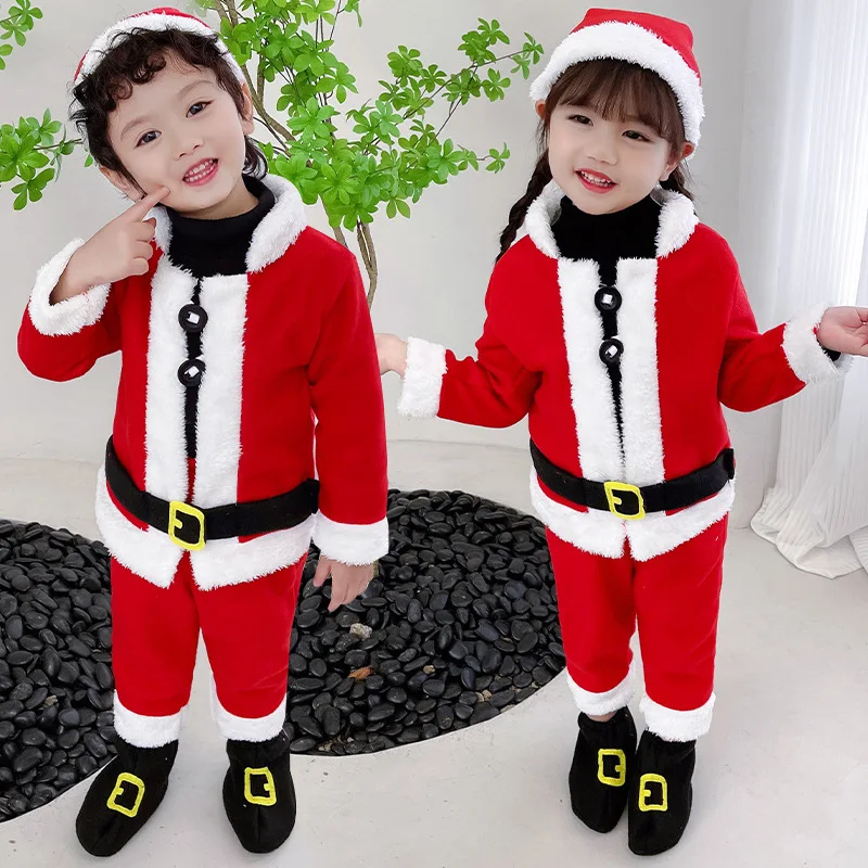 New Christmas Costume For Kids Boys Girls Santa Claus Green Elf Red Outfits Children Dress Up Clothes With Hat X-Mas Party Gift