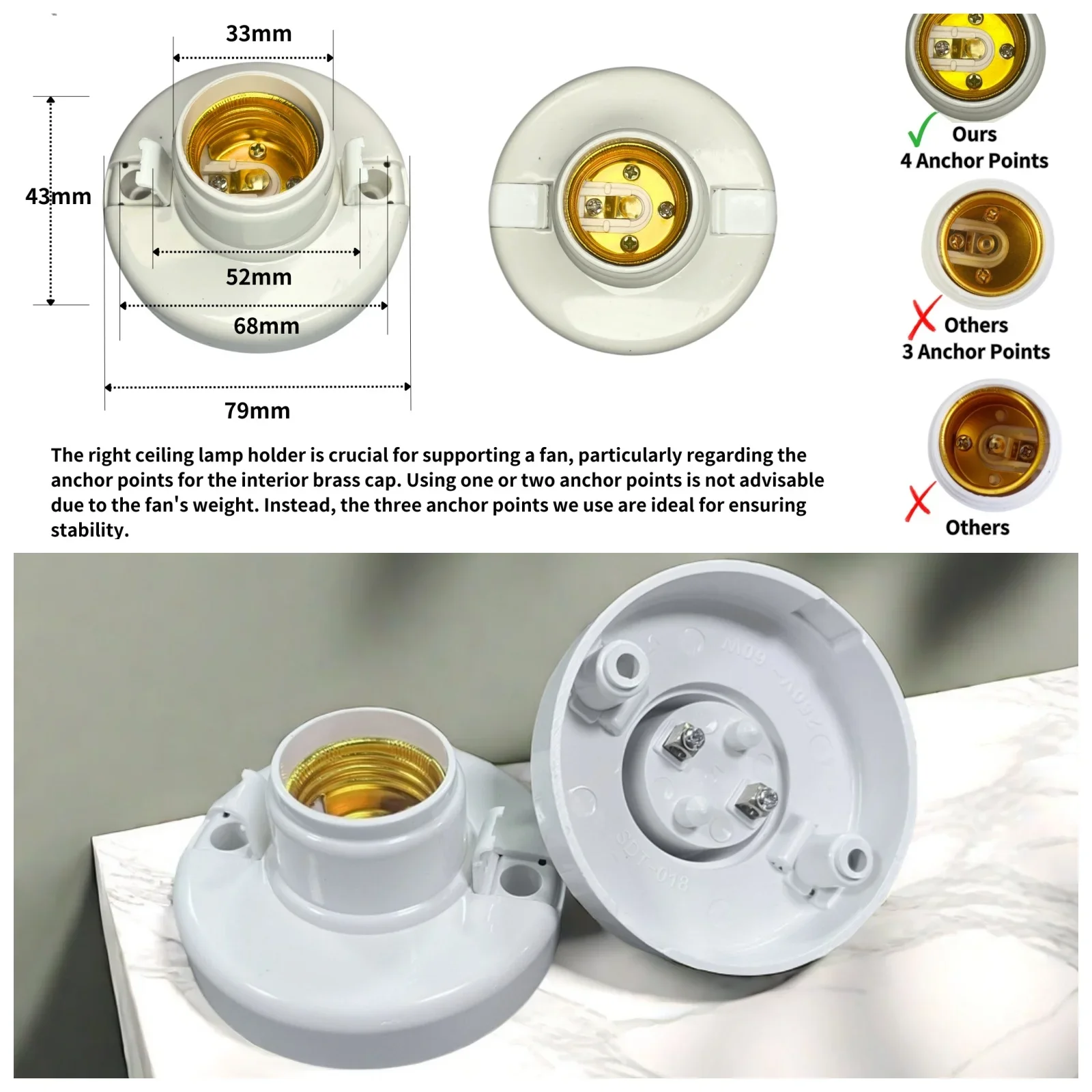 E27 Screw Cap Socket White Ceiling Light Lamp Bulb Fixing Base Stand Light Bulb Holder Lamp Socket For Ceiling Fan