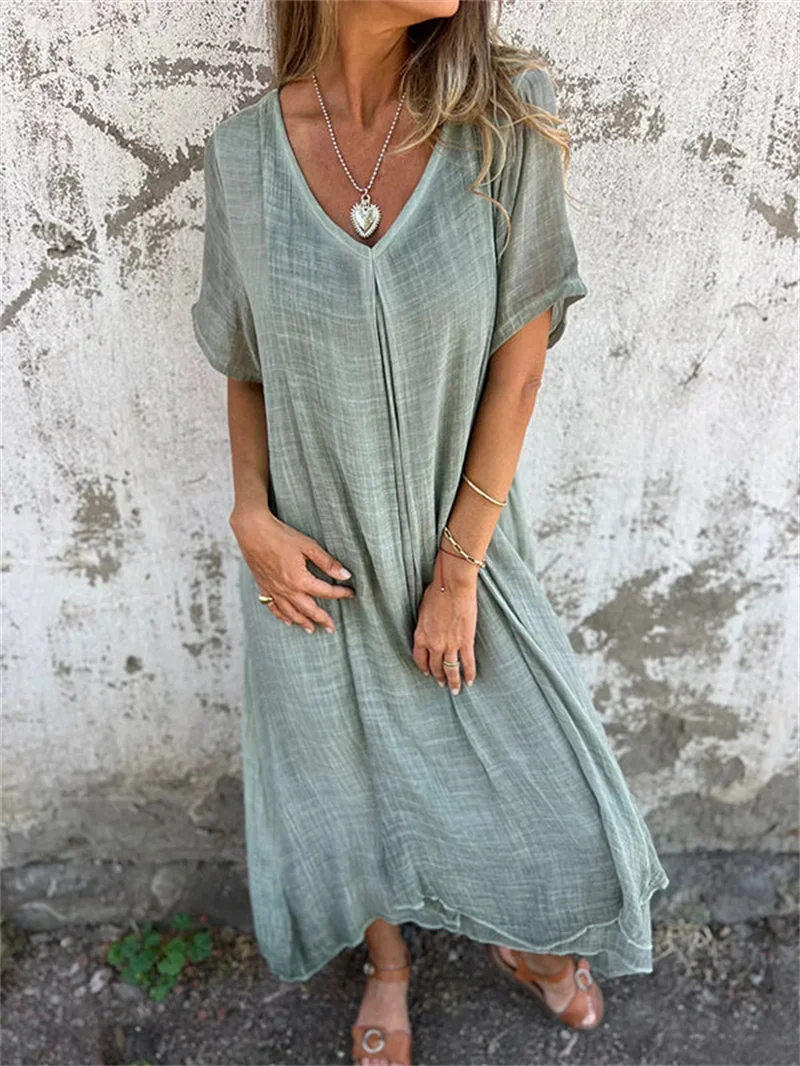 Women Solid Color Cotton Linen Loose V-neck Dresses Fashion Elegant Commuter Dress Female Casual Short Sleeve Princess Gown 2024