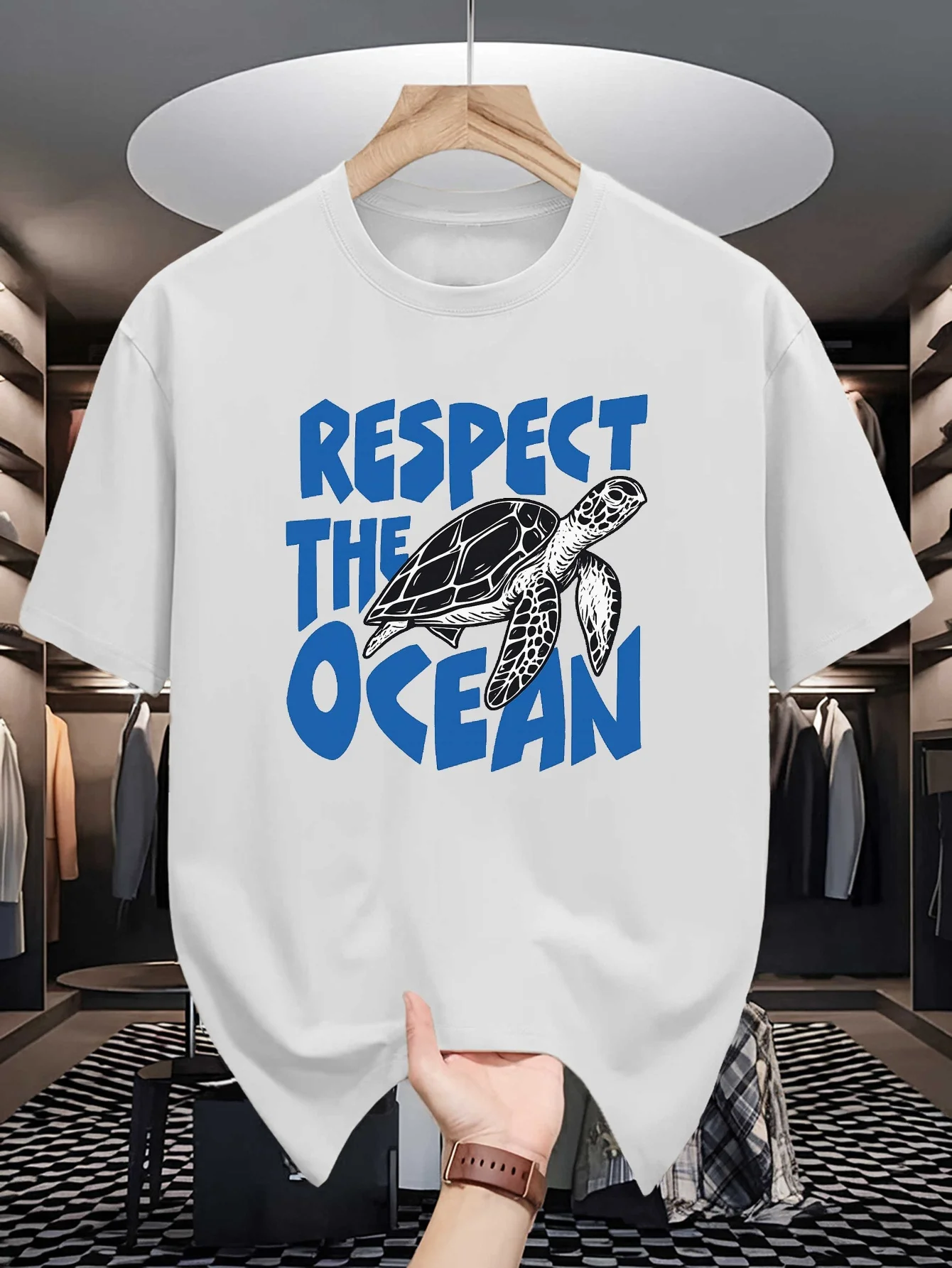 Male White Round Neck T Shirt Retro Respect The Ocean Slogan Hand Drawn Sea Turtle Print Ocean Protection Lover Daily Cotton Tee