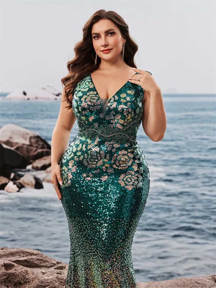 Lucyinlove Plus Size Elegante scollo a V Paillettes Abiti da sera Lunghi Nuove donne di lusso Formali Sirena Abiti da cocktail per feste di nozze