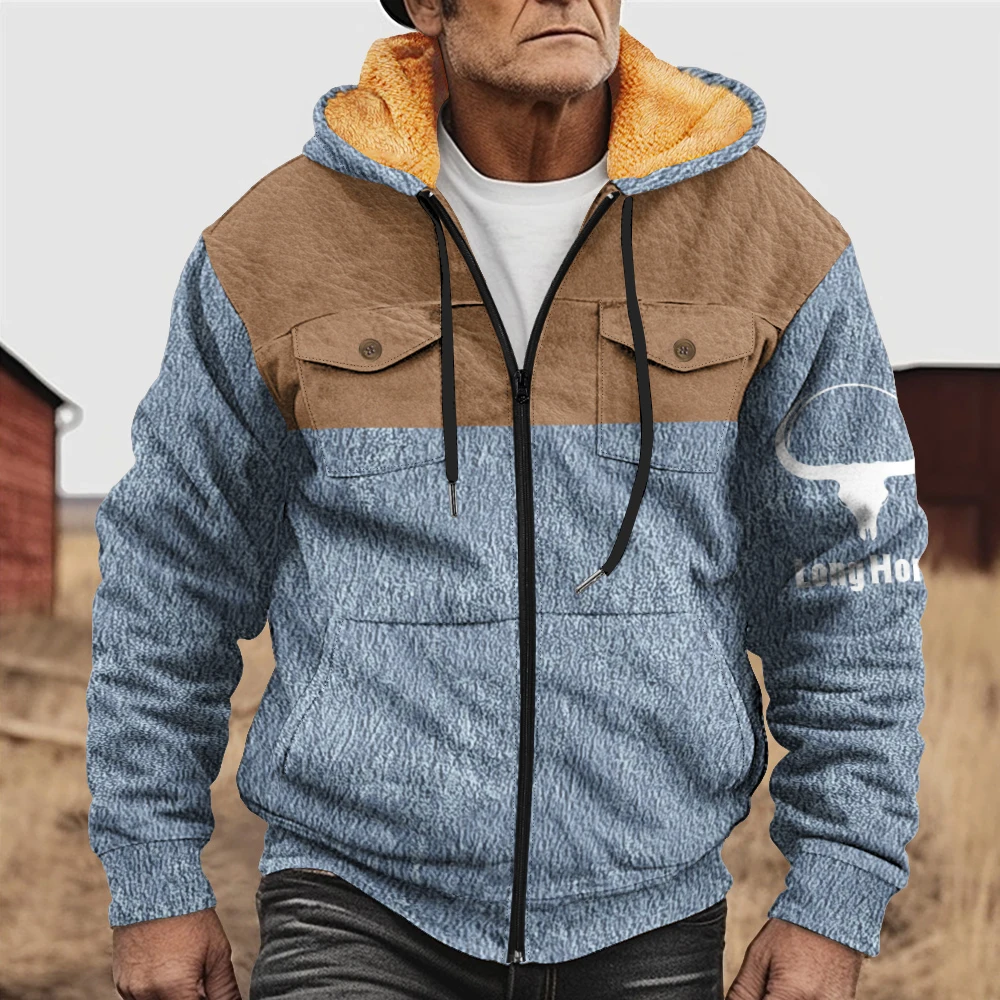 Trendy and fashionable men's winter coat with basic blue brown patchwork design, warm and comfortable, thickened and plush