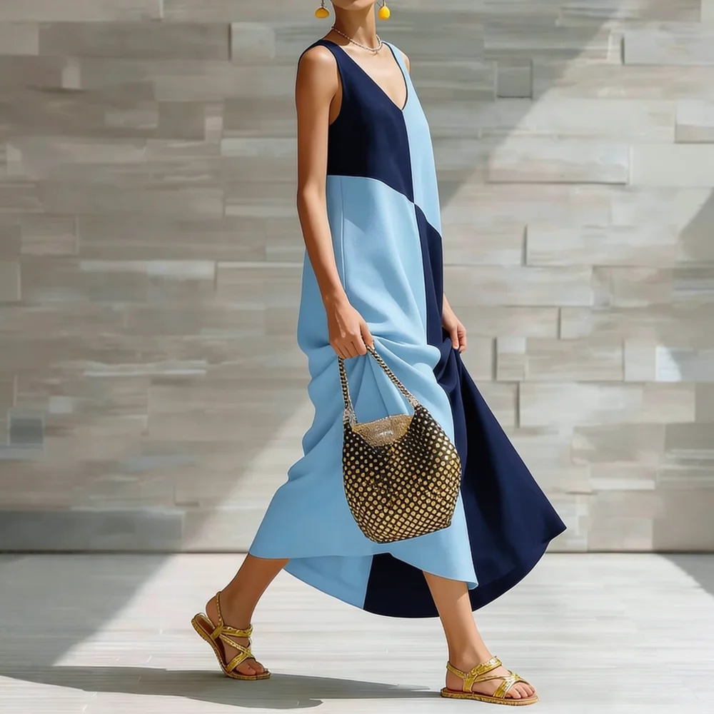 Boho Summer Beach Maxi Dress - Gaun Maxi Wanita Model V-Neck Warna