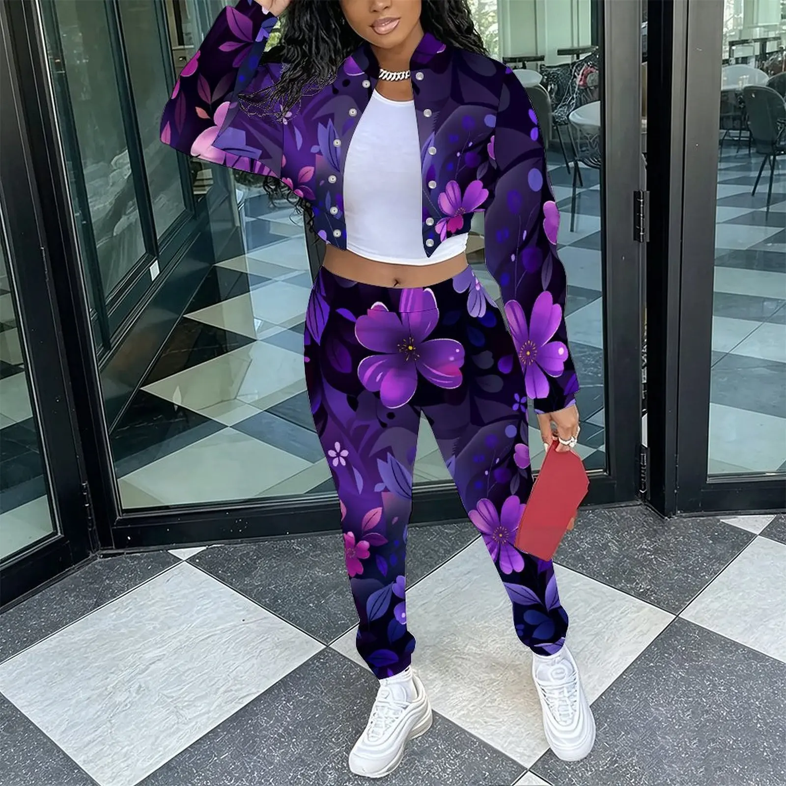 Ladies Casual 2 Piece Set Retro Slim Cropped Long Sleeve Jacket Fashion Elegant Sweatpants Everyday Commuting Vacation Outfit