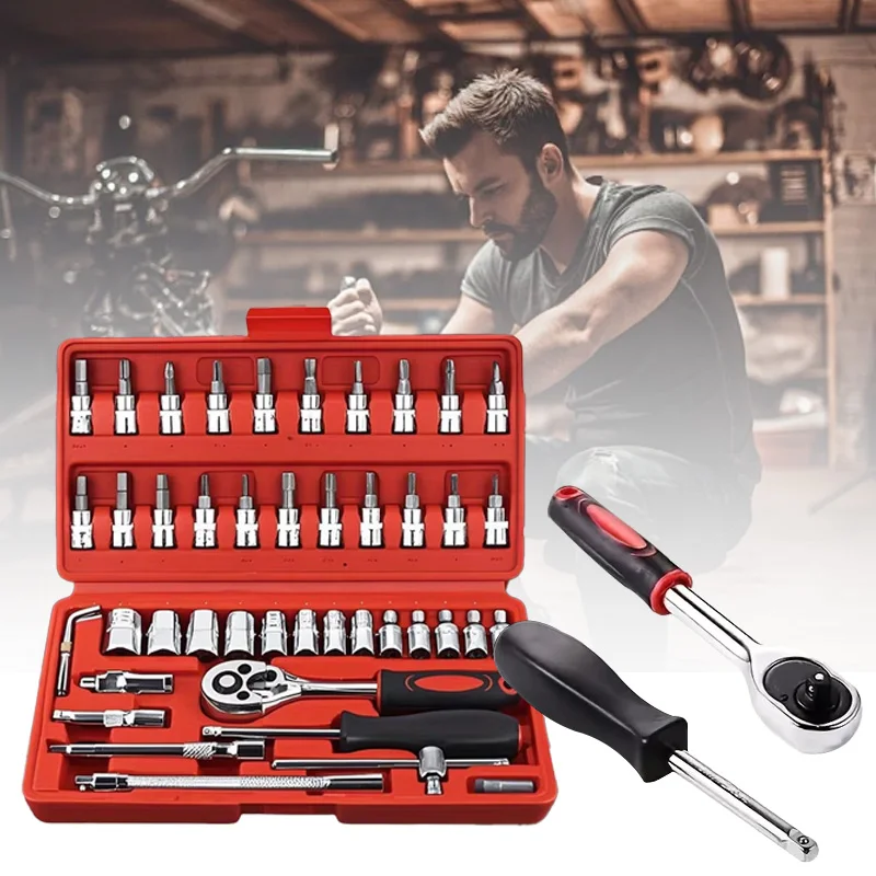 

46PC Socket Wrench Set Household Chrome Vanadium Steel Motorcycle Auto Car Repair Tool Ratchet Torque Combo Mechanical Tools Box