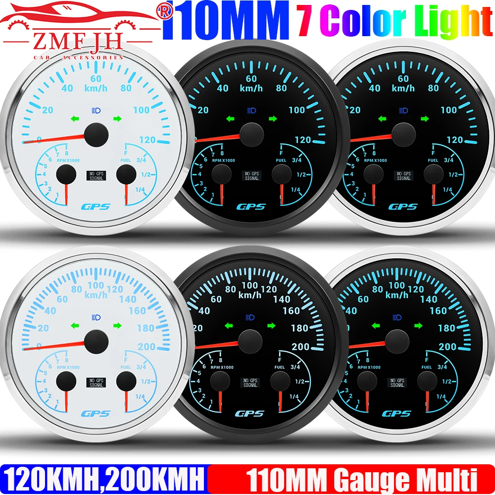 

ZMFJH 7 Color Car 110MM Gauge 3IN1 GPS Speedometer+Tachometer+Fuel Level Gauge with Mileage High Beam 0-120KMH,0-200KMH,8000RPM