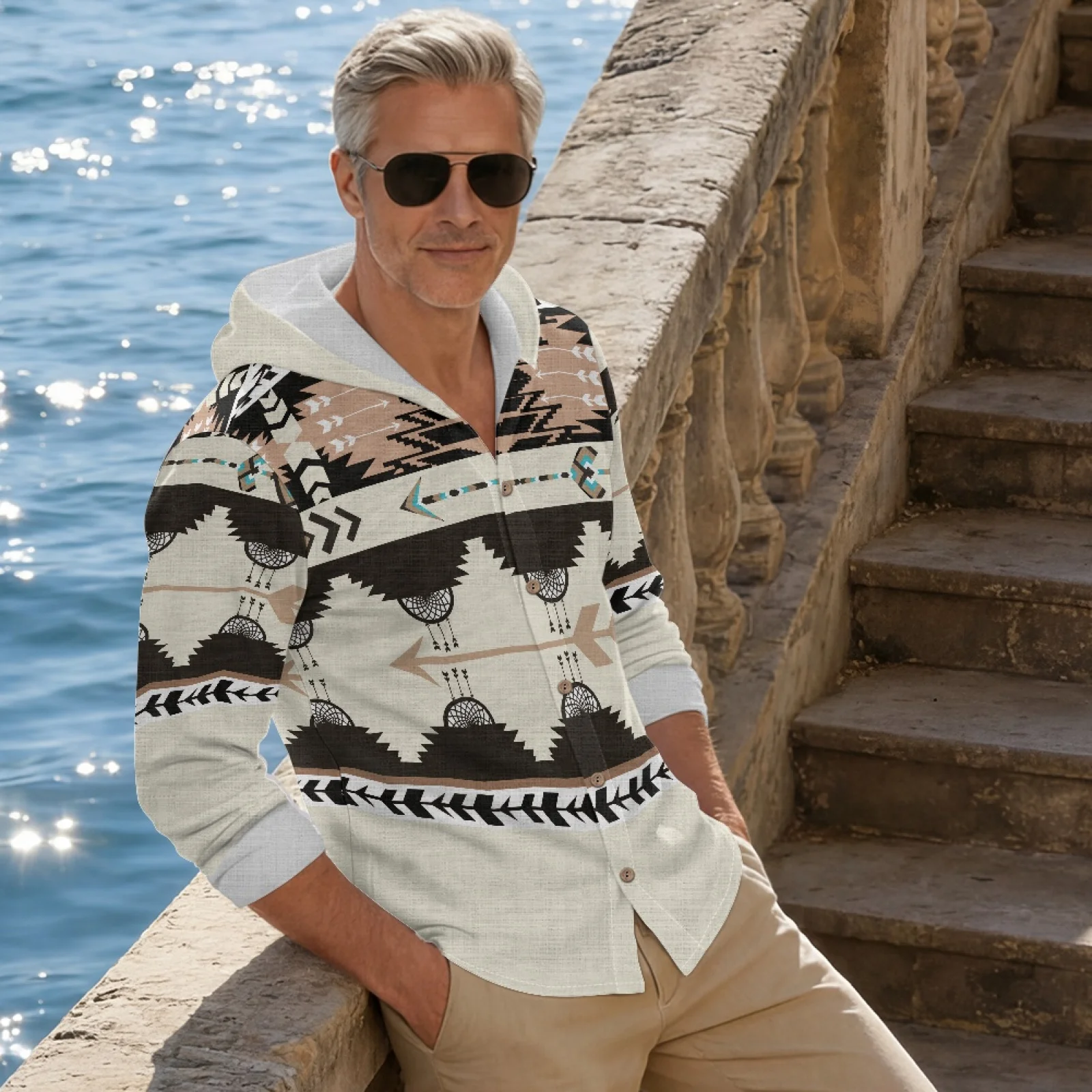 PENSTROLL Southwestern Linen Style Hoodie Tops Beach Cover Up for Male Button Front Hawaiian Fashion Tops