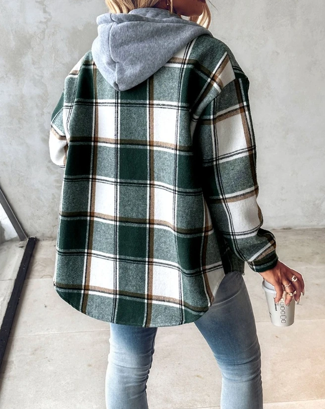 Jackets for Women 2024 Autumn Fashion Plaid Print Buttoned Casual Long Sleeve Pocket Design Daily Hooded Shacket Coat