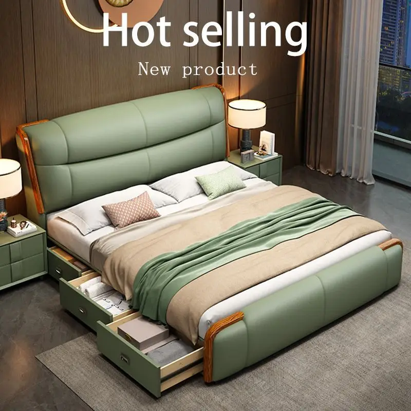 Leather bed in black gold wood Master bedroom double queen bed cowhide solid wood bed