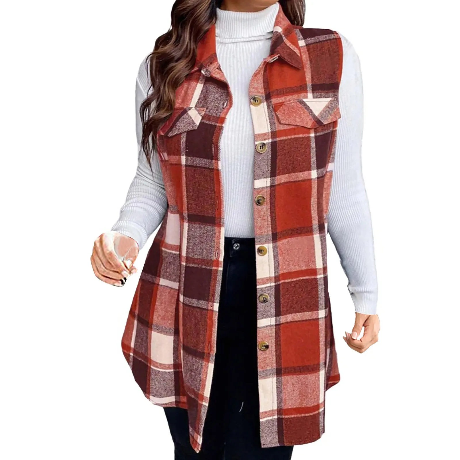 Mode Plaid Frauen Mantel Ärmelloses Revers Seite Tasche Hemd Langarm Taste Top Weste Herbst Und Winter Weibliche Kleidung