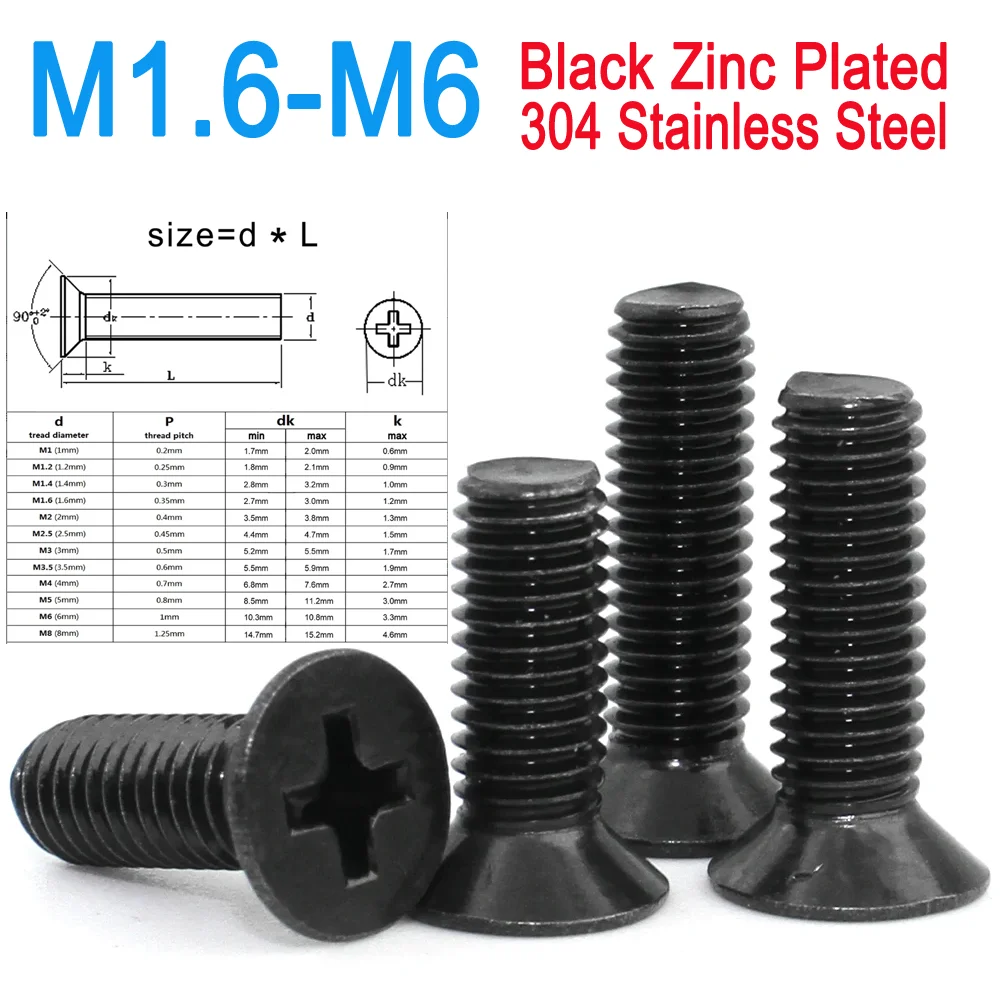 

M1.6 M2 M2.5 M3 M3.5 M4 M5 M6 Black 304 Stainless steel Cross Phillips Small Flat Countersunk Head Mini Screw Bolt 50/20/10pcs