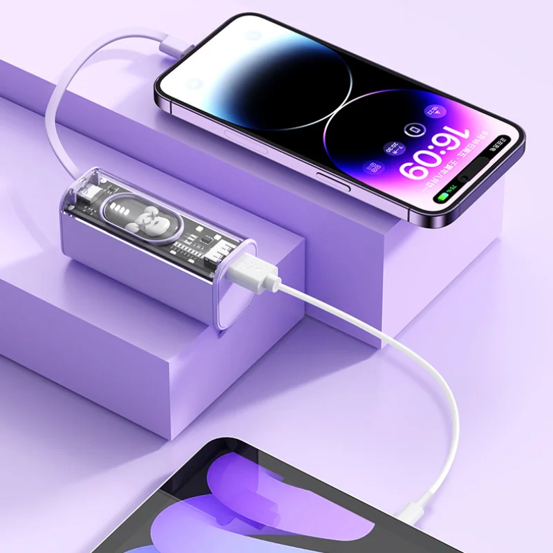 شاحن بطارية خارجي سريع كارتوني لطيف 5000 مللي أمبير في الساعة محمول صغير شفاف باور بانك USB Type-C لهاتف آيفون شاومي