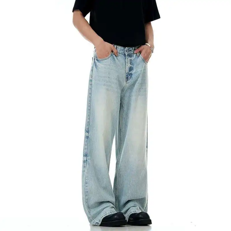 

Jeans Wahsed Male Floor Length Menwear New Trendy American Light Blue Male Denim Pants Straight Leg Baggy Summer 5VRF