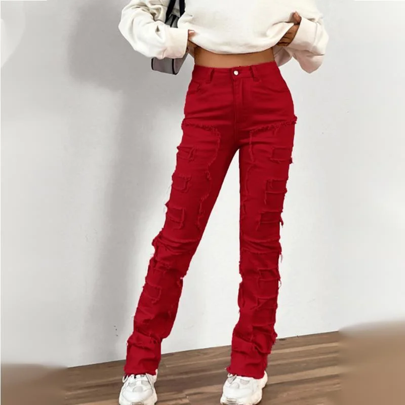 HKSH Spring Autumn New Women's Tide Denim Pants Embroidered Straight Fashion Ins Elastic Patchwork Layered Jeans Vintage HK3514