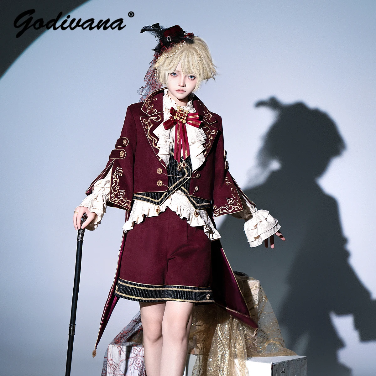 Court Style Prince Outfit Lolita Cool Embroidery Army Red Cape Jacket Retro Long Sleeve Shirt and Short Autumn and Winter Suits