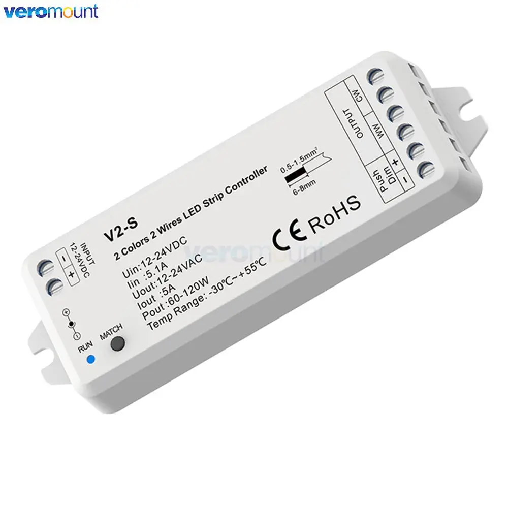 Skydance V2-S DC 12V 24V LED Controller for CW WW LED Strip CCT 2 Wires Push Dimmer 0-100% Dimming Function Wireless RF Remote