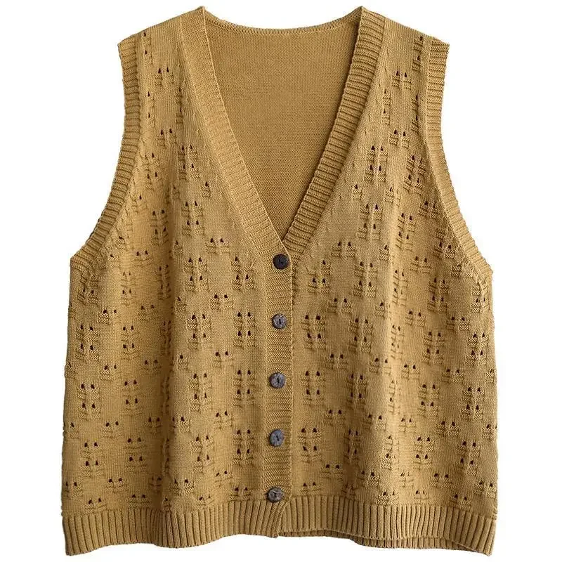 V-neck Yellow Knit Tops for Woman Winter Button Women\'s Sweater Vest Brown Korean Fashion Cold Trend 2024 Y2k Vintage Jumper 90s