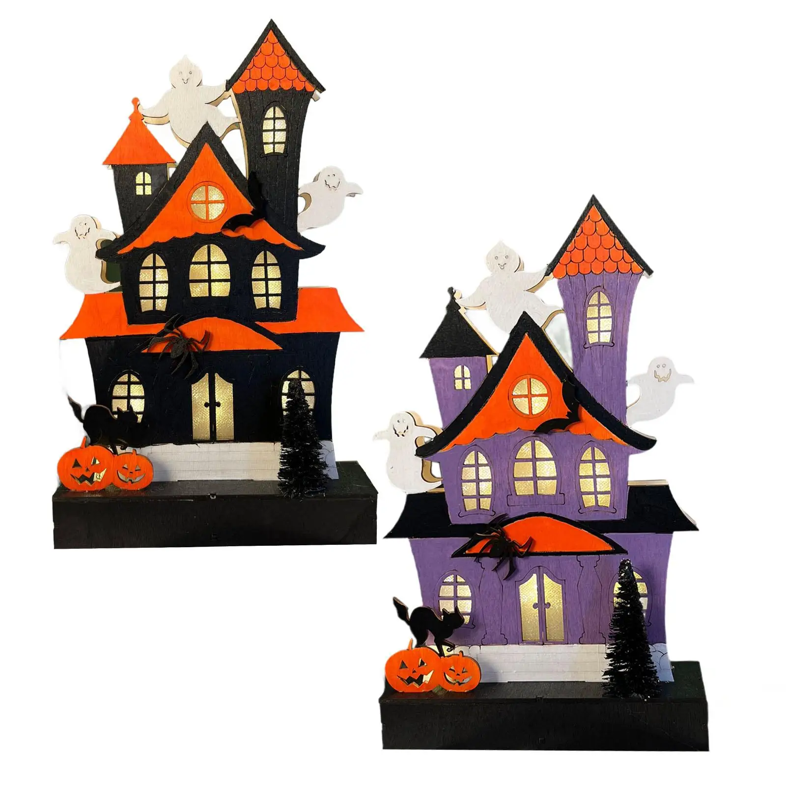 Wooden Lighted Haunted Home Ghost Pumpkin Decor Ghost Home Tabletop LED Decoration for Table Desk Halloween Kitchen Fireplace