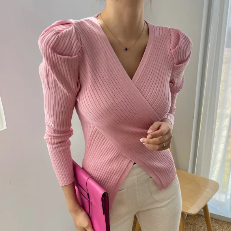 

2022 Chic Women Sweaters Autumn French Style Puff Sleeve Knitted Tops Fashion Irregular V-Neck Slim Pullovers