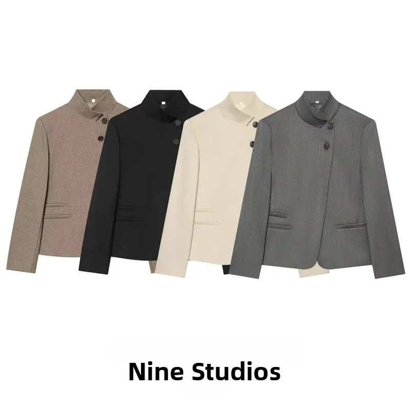 Nine Zar Women's Casual Button-Adorned Pure Color Stand Collar Suit Jacket Long Sleeve Winter Fashion Ladies' Premium Clothing