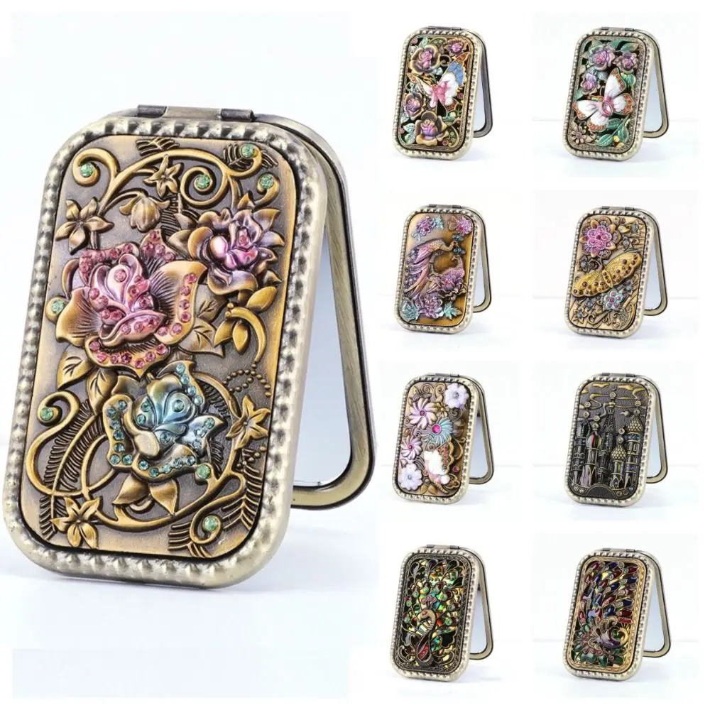 

Luxury Vintage Makeup Mirror Retro Square Compact Pocket Mirror Peacock Double Sided Cosmetic Folding Mirror Travel