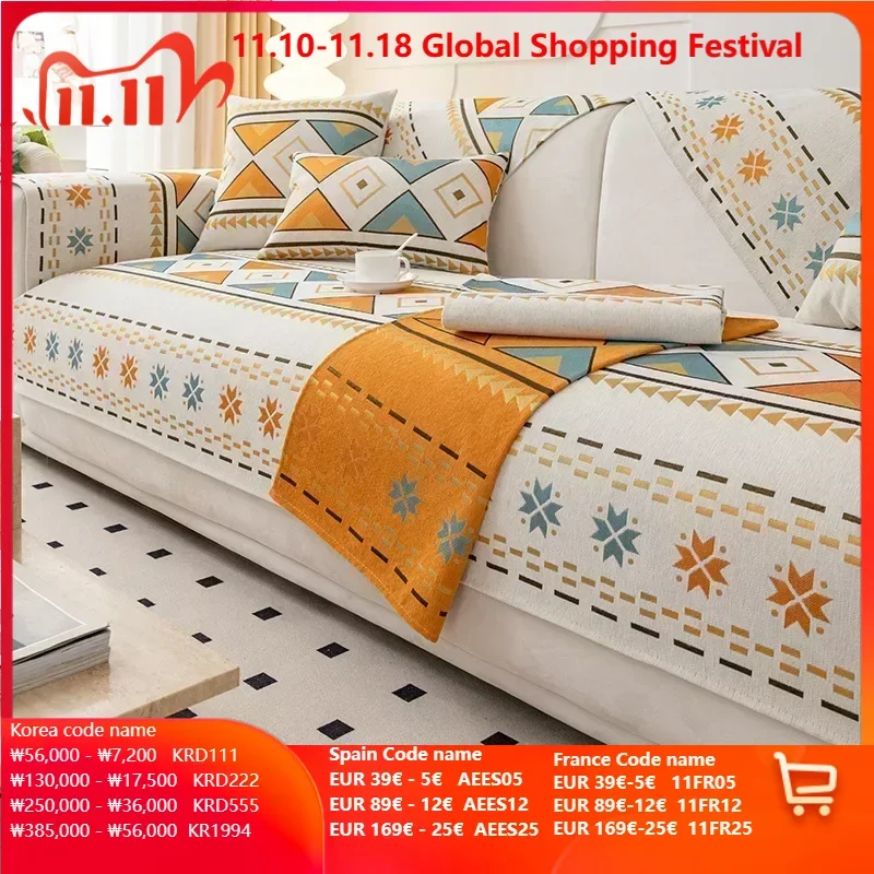 Chenille Fabric Bohemia Sofa Mat for Living Room Morocco Style Anti-slip Sofa Cushion All-inclusive Corner Sofa Cover Home Decor