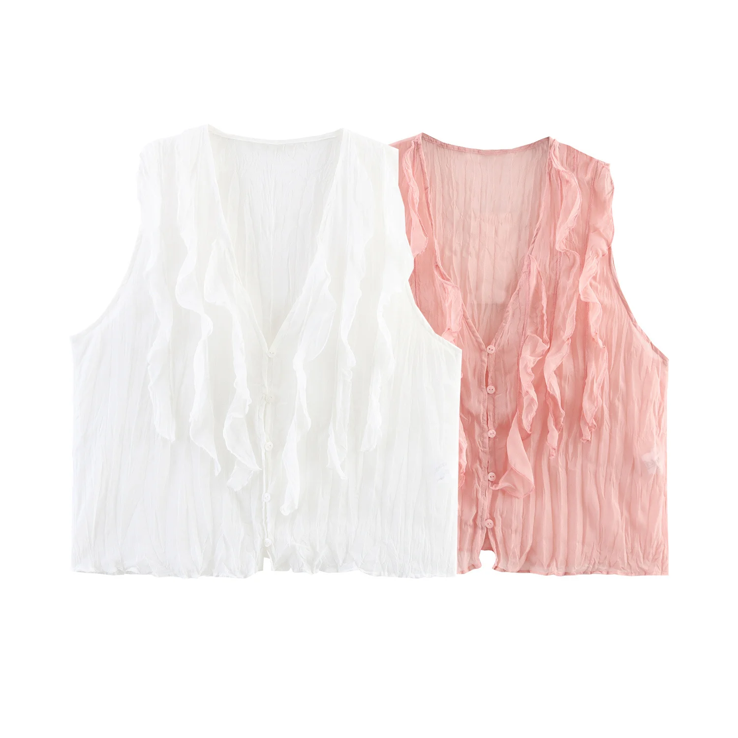 

Women's chic fashion layered decoration semi transparent V-neck top retro sleeveless Button-up women's vest chic top