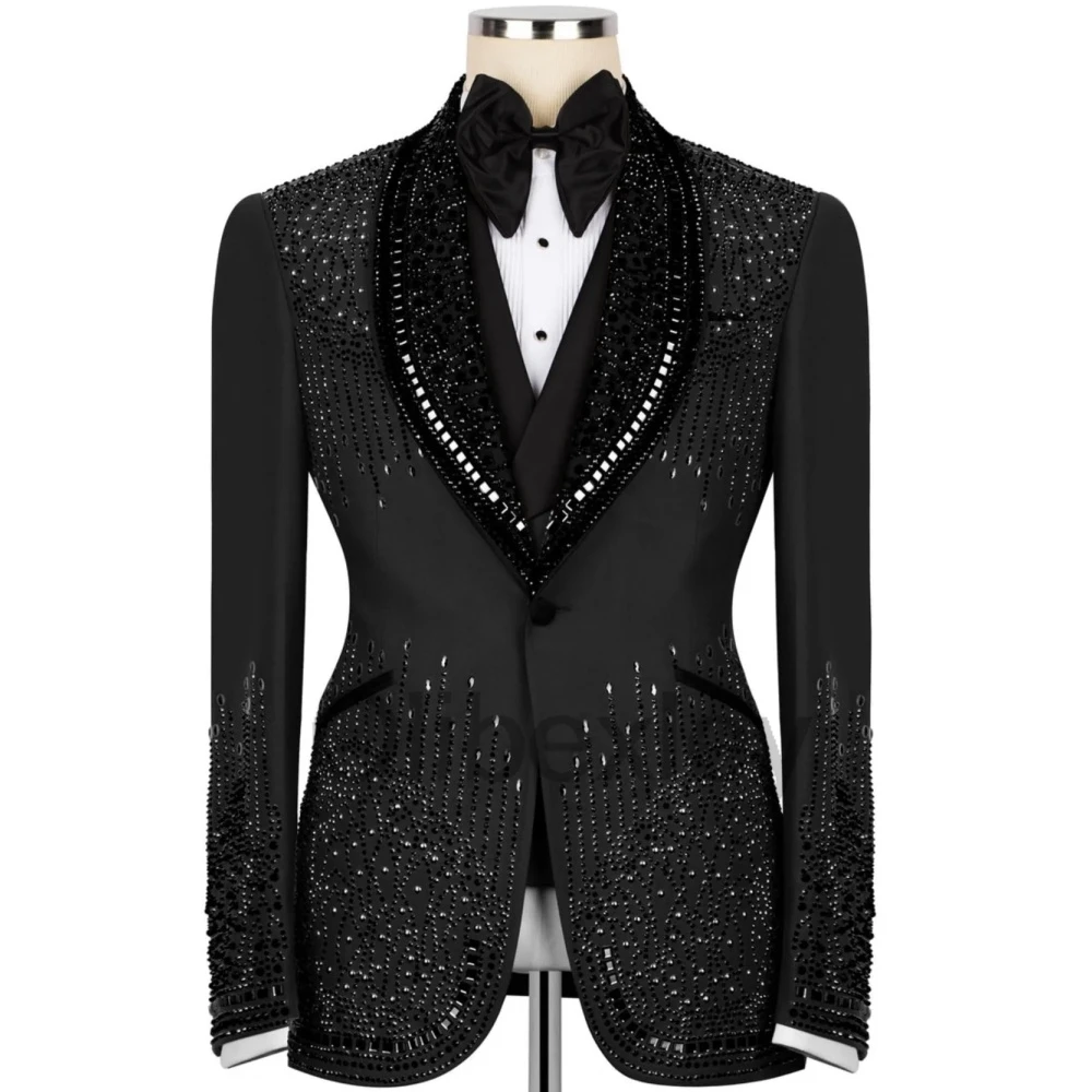 Olibexley Sparkly Black Crystal Men Suit Beaded Diamond One Breasted Glitter Groom Wedding Tuxedos Slim Homme Customized S34