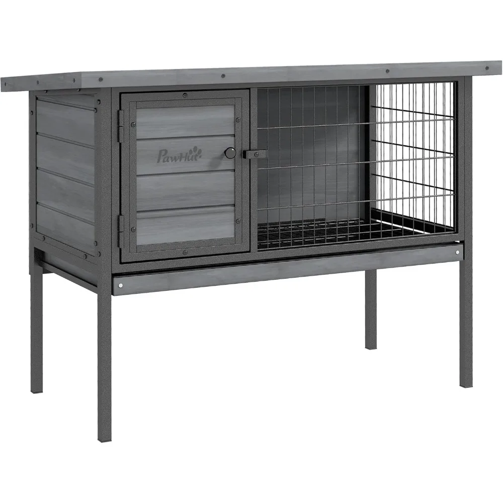 

Rabbit Hutch Elevated Bunny Cage Small Animal Habitat with Metal Frame, No Leak Tray, Metal Wire Pan and Openable Water-Resista