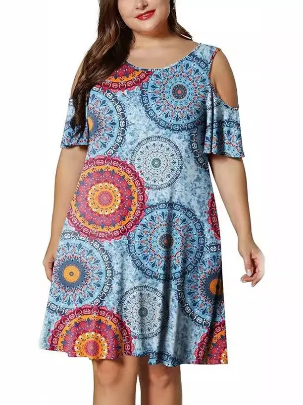 2024 new plus size women's round neck off-shoulder print large-size T-shirt dress woman