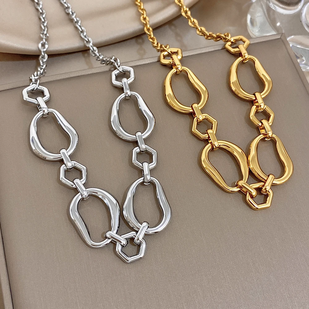 Irregular Geometric Circle Chain Necklaces for Women Fashion Gold Silver Color Stainless Steel Necklace Waterproof Jewelry view 3