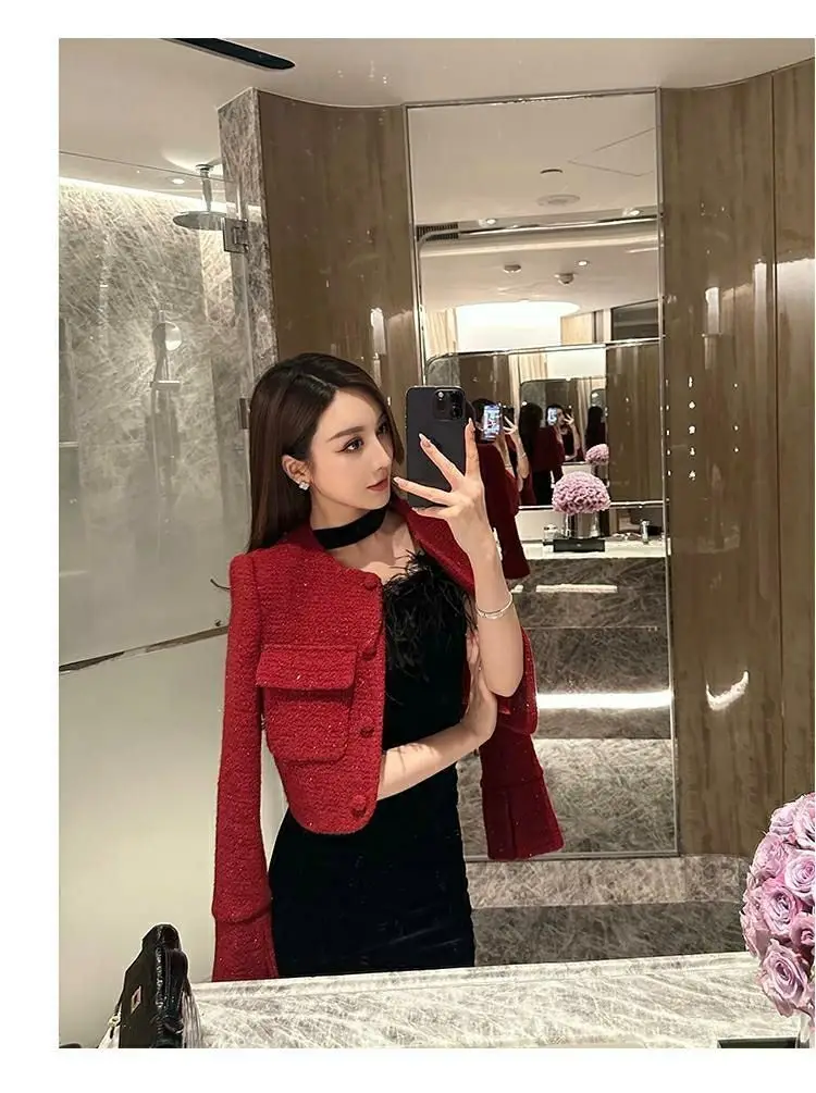 Autumn Red Round Neck Fragrant Style Jacket Women Retro Single Breasted Long Sleeved Coats