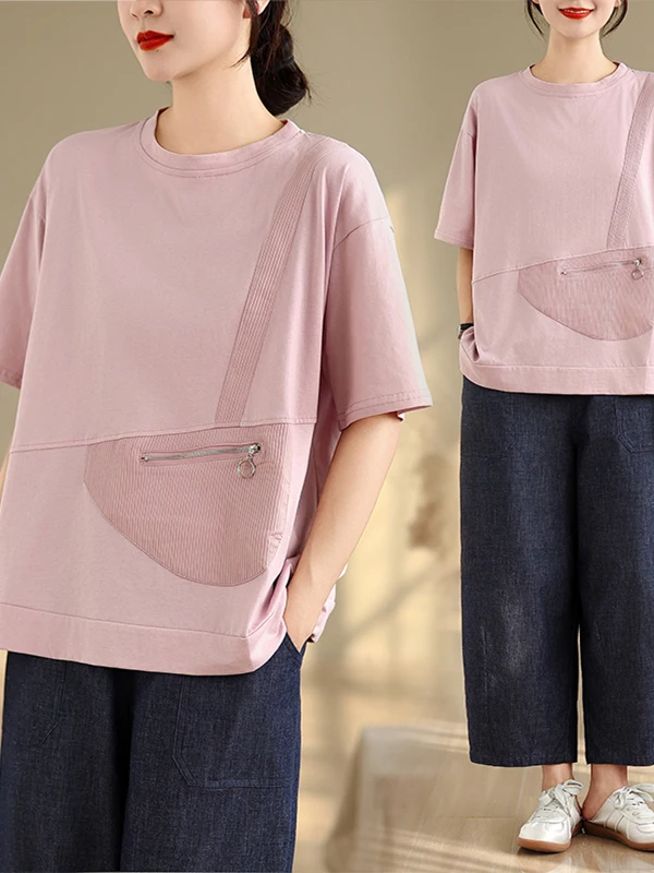 Unique Beautiful Early Summer Women's T-irt Casual Zipper round Ne ort Sve Anti-Aging Trendy 2025 New Summer Top