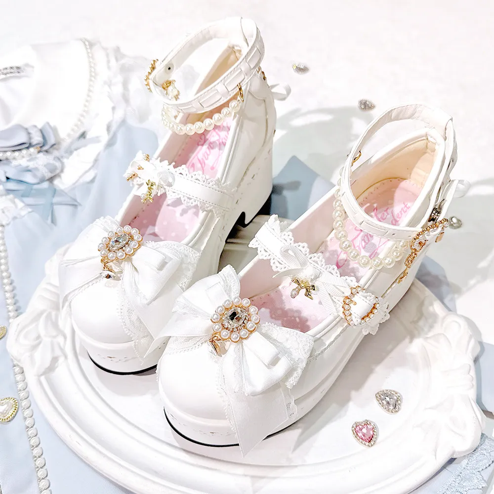 Original Japanese Style Square Toe Wedge Platform Lolita Shoes Women Lace Bow Pearl Ankle Strap Shoes