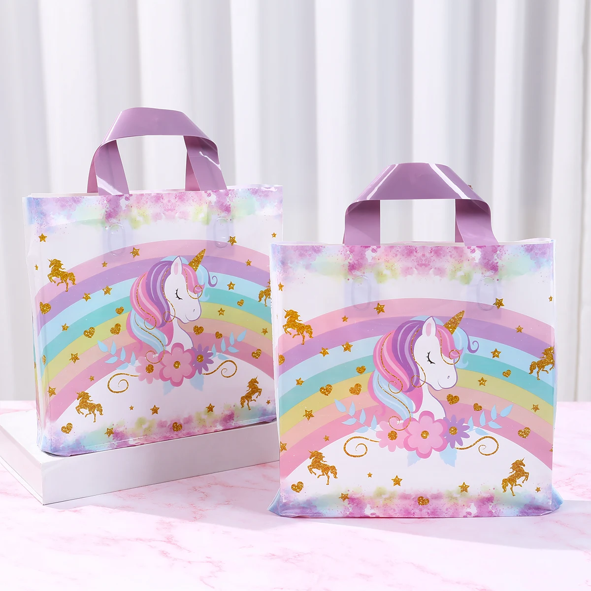 Rainbow Unicorn Plastic Tote Bag Happy 1st Unicorn Theme Birthday Party Decorations Kids Favors Gifts Baby Shower Girls Supplies