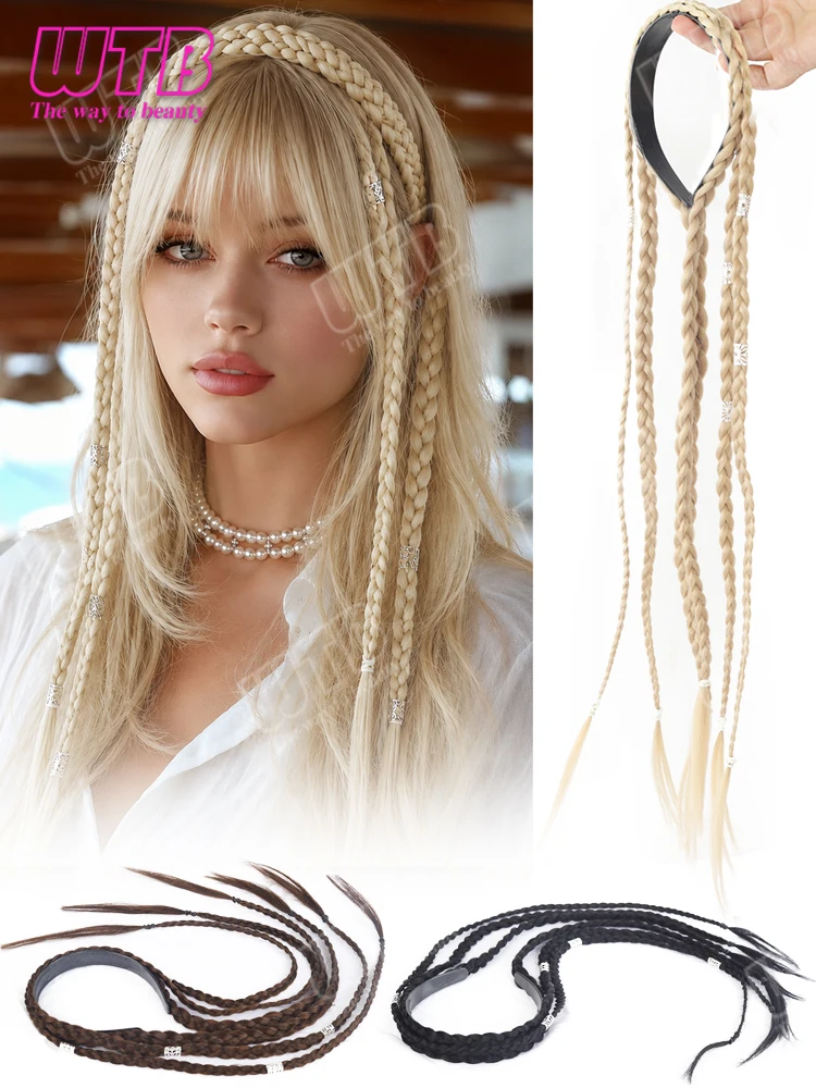 Hairband Wig Synthetic Braided Hairband Wig with Small Braids and Silver Accessories Suitable for Women's Daily Wear and Holiday