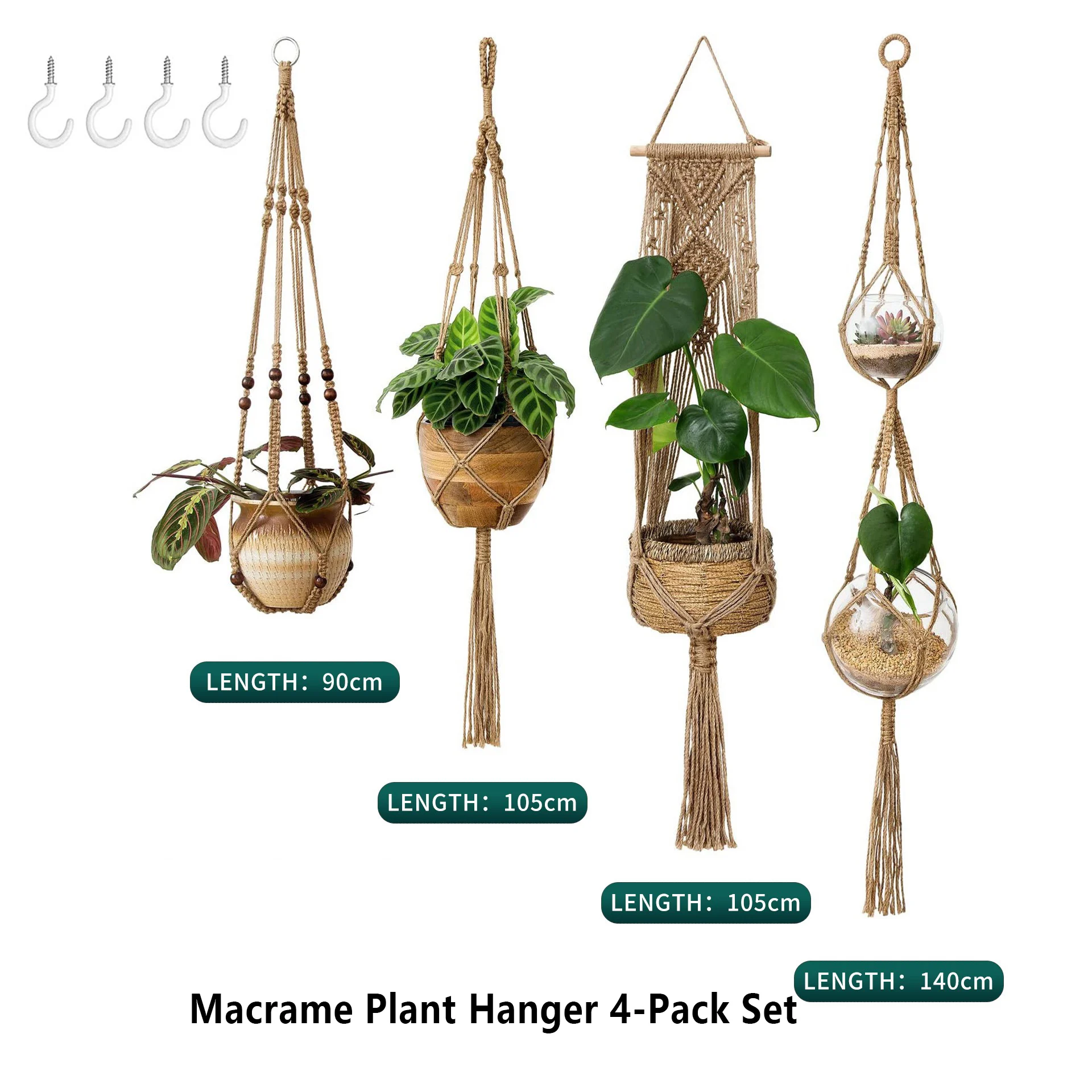 Set of 4 Bohemian Macrame Plant Hanger Hand‑Woven Cotton Rope Flower Pot Hanging Basket for Balcony Home Wall Decor