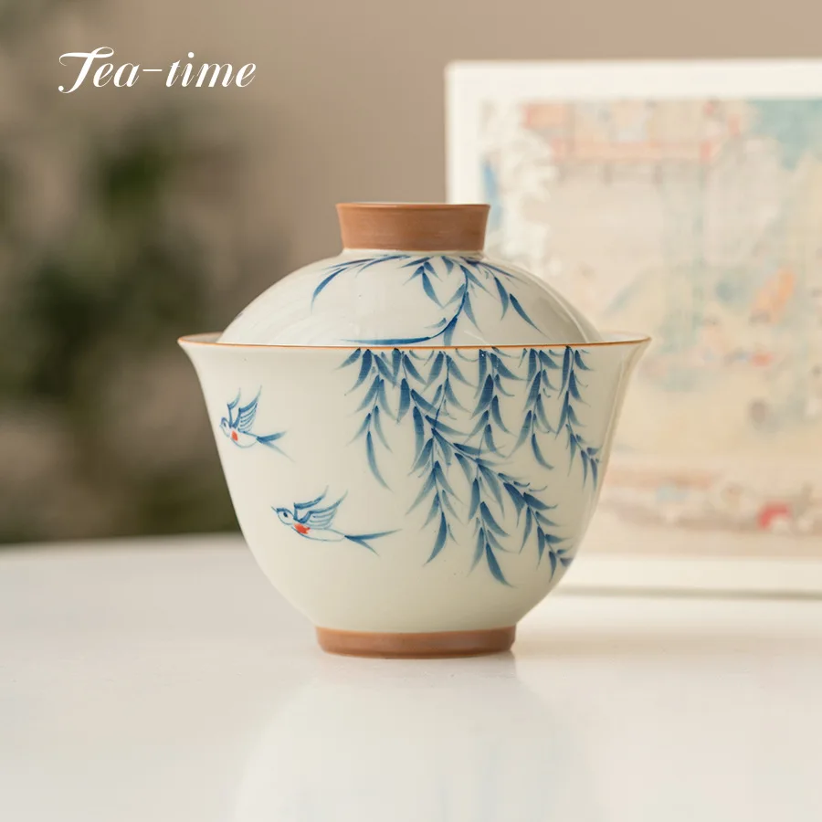 130ml Plant Ash Gaiwan  Willow Swallow Ceramic Tea Tureen Covered Bowl Single High-end Kung Fu Teaware Tea Maker Cup Tea Bowl