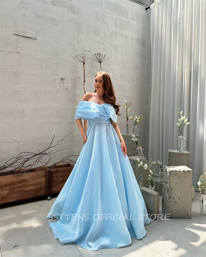 Elegant Blue A Line Evening Party Dresses Off Shoulder Dress Women Prom Gowns Lace Up Back Celebrity Bespoke Occasion Dresses