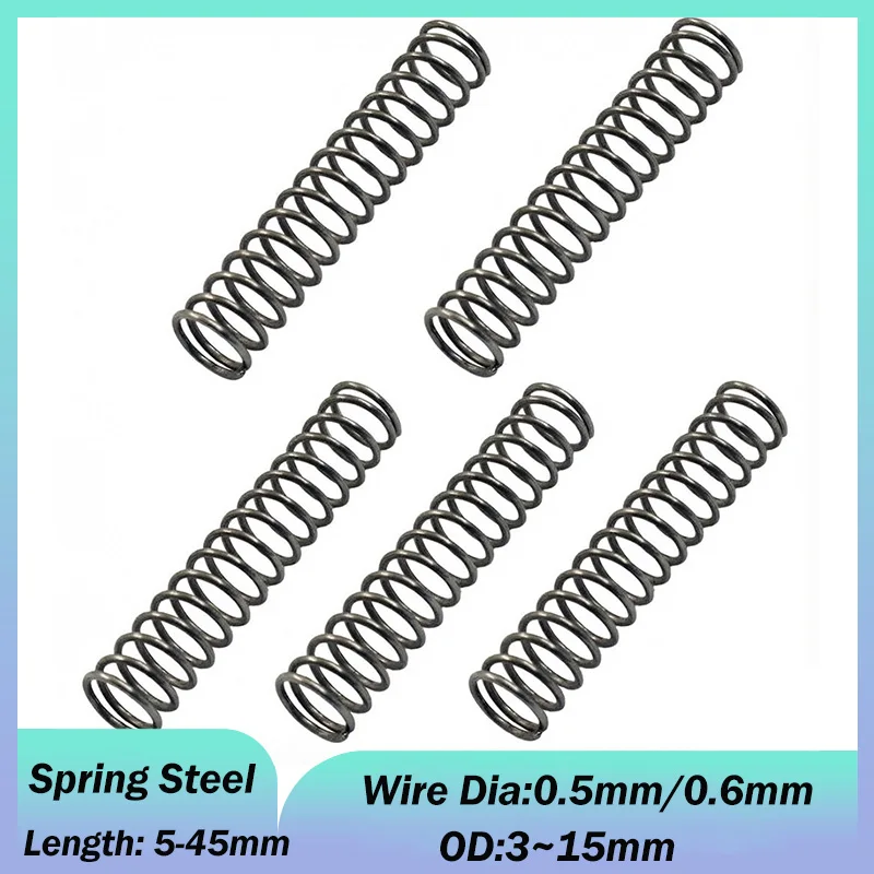 10pcs Spring Steel Wire Dia 0.5mm/0.6mm Micro Small Compression Spring OD:3/4/5/6/7/8/9/10/11/12/13/14/15mm Length 5mm to 45mm