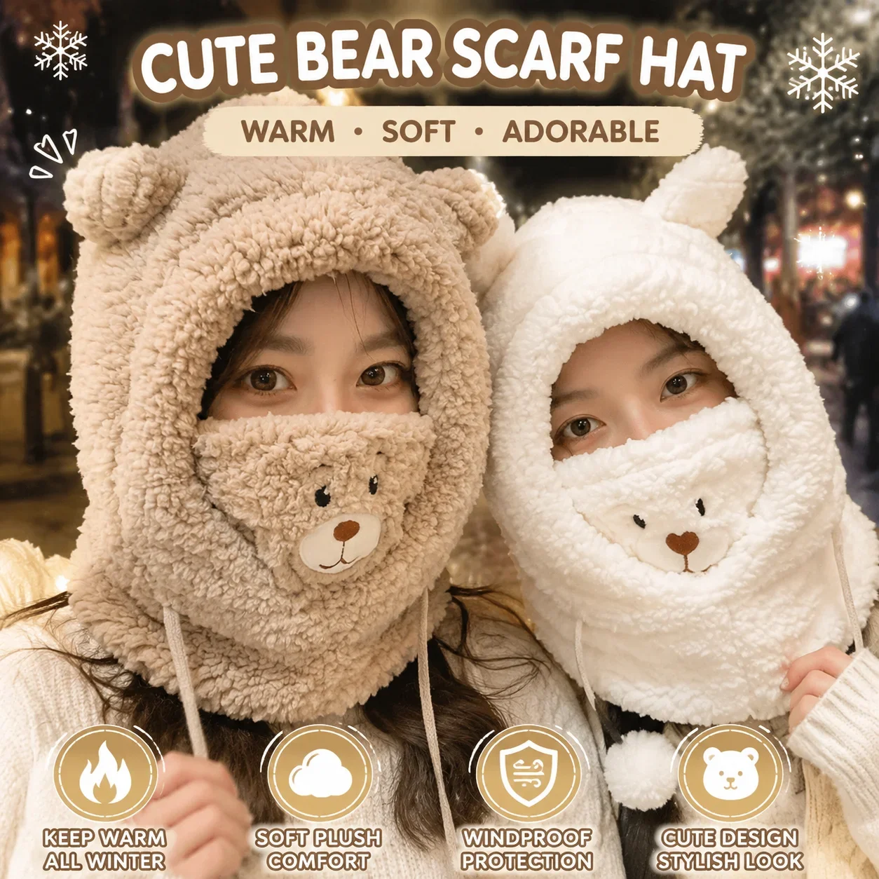 Soft Bear Plush Scarf Hat with Hood Brim Mask Warm Cozy Winter Hat for Women One-Piece Neck Warmer Cute Cold Weather Gift